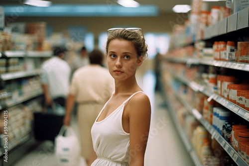 Cute blonde woman walking in a supermarket between the isles