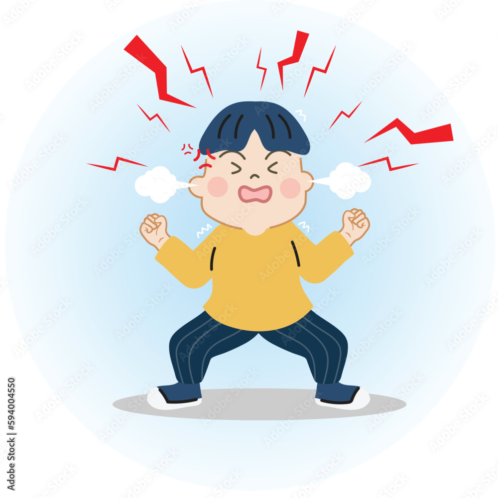 Cute little boy angry, tantrum and scream very loud. Cartoon hand drawn character vector isolated on white background.