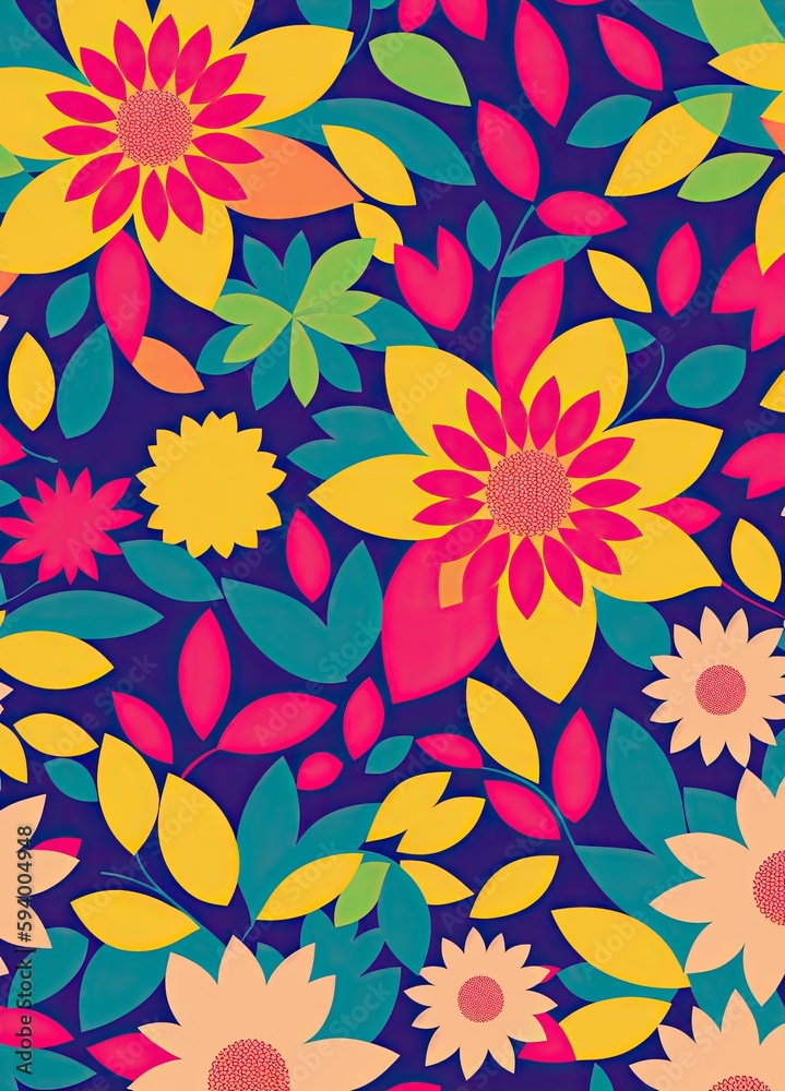 Seamless flower and leaves pattern, Generative AI