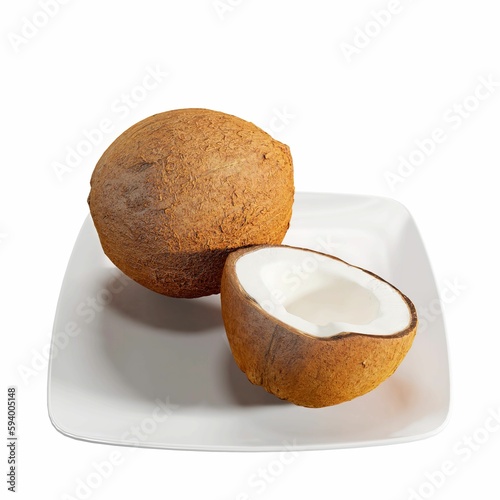 3d coconut on a plate isolated on a white background.