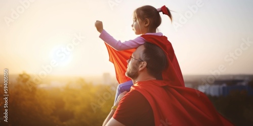 Happy loving family. Dad and his daughter playing outdoors. Daddy and child in an Superhero's costumes. Concept of Father's day.