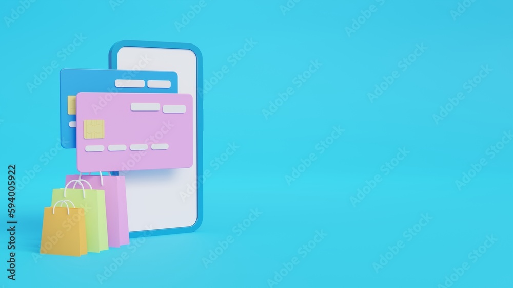 Phone with application icons. Online shopping concept with mobile phone. Credit card payment on smartphone. Icon minimal 3D rendering. Illustration for advertising and product promotion. Phone with application icons. Online shopping concept with mobile phone. Credit card payment on smartphone. Icon minimal 3D rendering. Illustration for advertising and product promotion.
