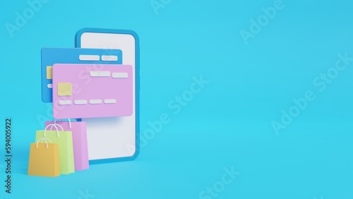 Phone with application icons. Online shopping concept with mobile phone. Credit card payment on smartphone. Icon minimal 3D rendering. Illustration for advertising and product promotion.