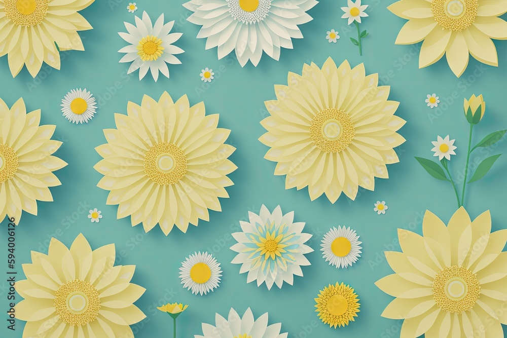 Field of blooming yellow and blue flowers on a blue background, generative ai