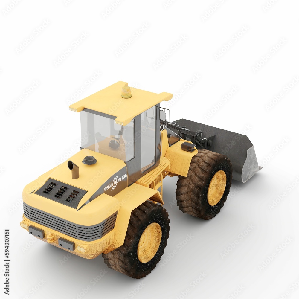 Closeup of a one-wheel loader excavator construction machinery isolated on white background