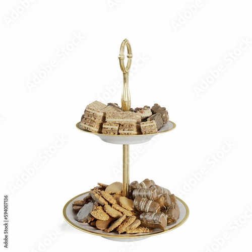 Closeup of two tier serving stand with wafers and cookies on the white background