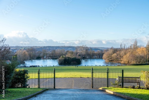 The view towards the boating lake at Saltwell Park - a public park in Gateshead, UK photo