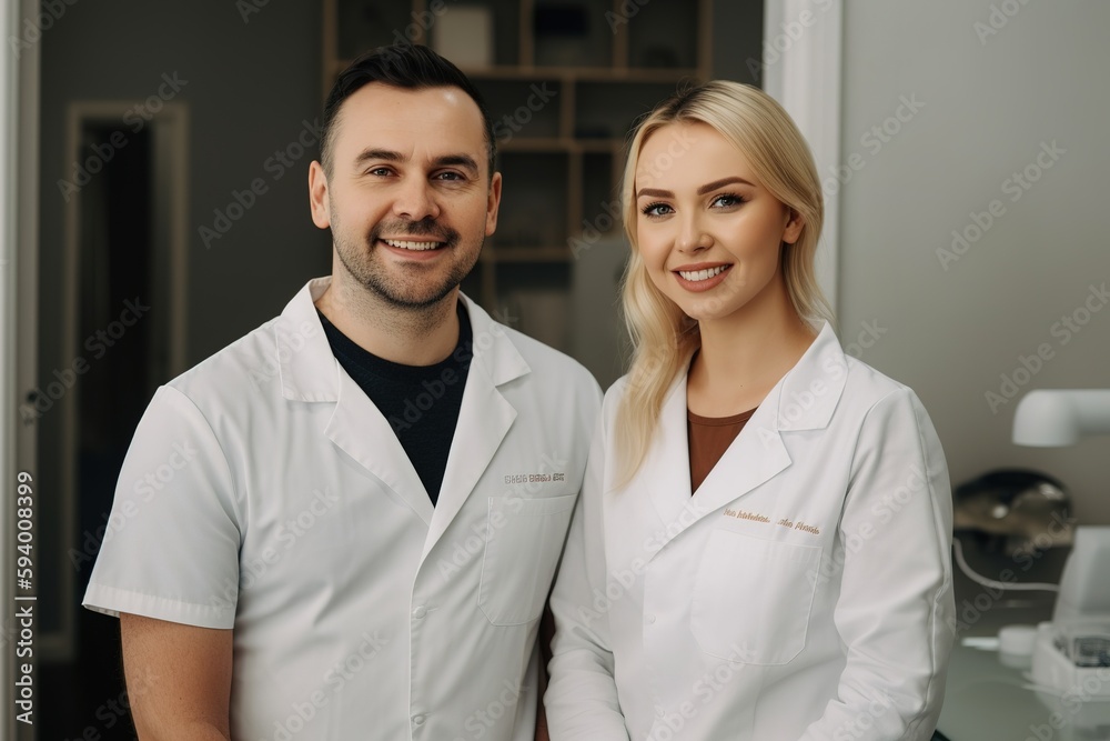 Advertising portrait shot of a dentist standing together in a dental practice and they look at the camera. Generative AI Advertising portrait shot of a dentist standing together in a dental practice and they look at the camera. Generative AI