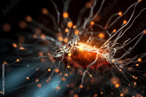 Closeup of firing neurons and neural extensions in the human brain. Generative AI