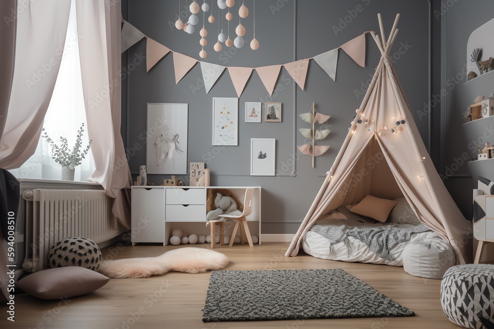 Cozy kids room with tent canopy bed and garlands. Generative AI