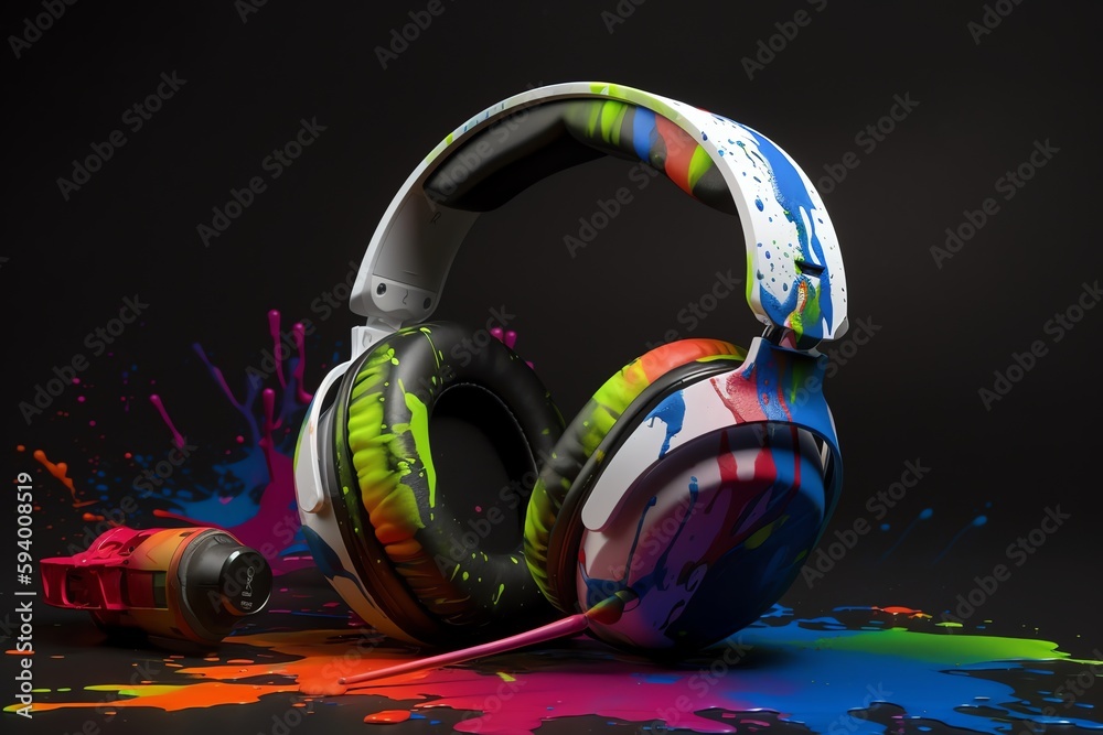 Gaming headset with vivid colors and paint splashes. Generative AI