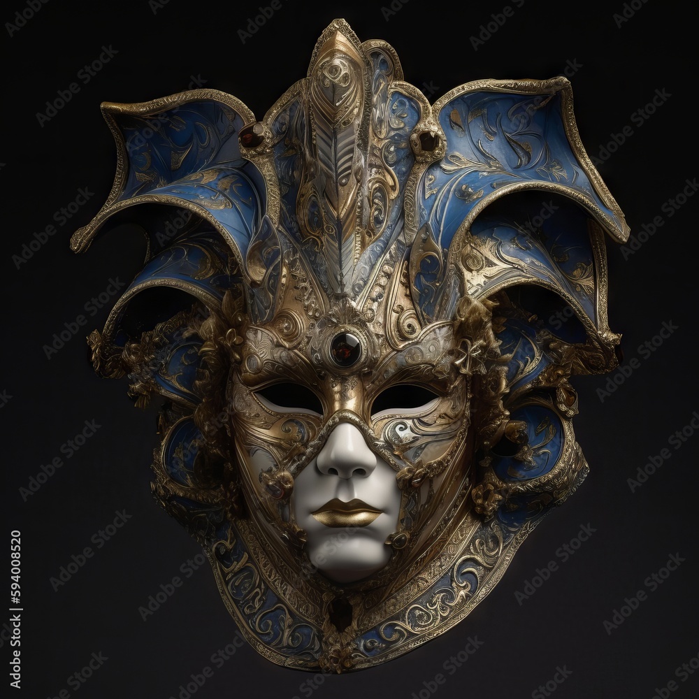 A blue Venetian carnival mask with intricate golden patterned designs. Generative ai