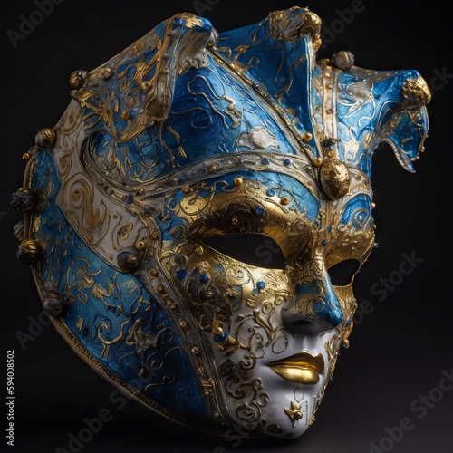 A blue Venetian carnival mask with intricate golden patterned designs. Generative ai