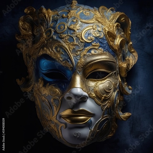 A blue Venetian carnival mask with intricate golden patterned designs. Generative ai © oleksii