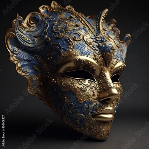 A blue Venetian carnival mask with intricate golden patterned designs. Generative ai