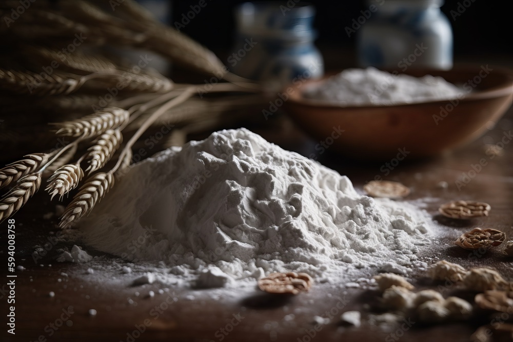 Detailed close-up shot of flour on an exquisite tabletop. Generative ai Detailed close-up shot of flour on an exquisite tabletop. Generative ai
