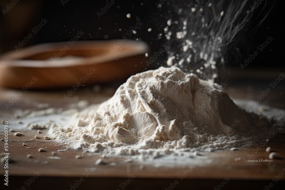Detailed close-up shot of flour on an exquisite tabletop. Generative ai Detailed close-up shot of flour on an exquisite tabletop. Generative ai