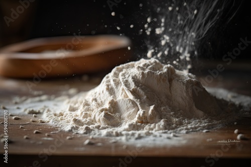 Detailed close-up shot of flour on an exquisite tabletop. Generative ai