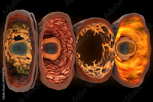 3D illustration of stages of Best vitelliform macular dystrophy. Generative AI photo