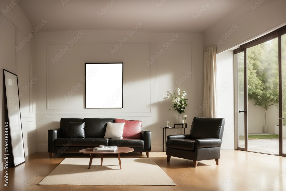 White living room design with mockup frame. Modern minimalistic interior background, 3d render with copy space. Interior design with white black sofa