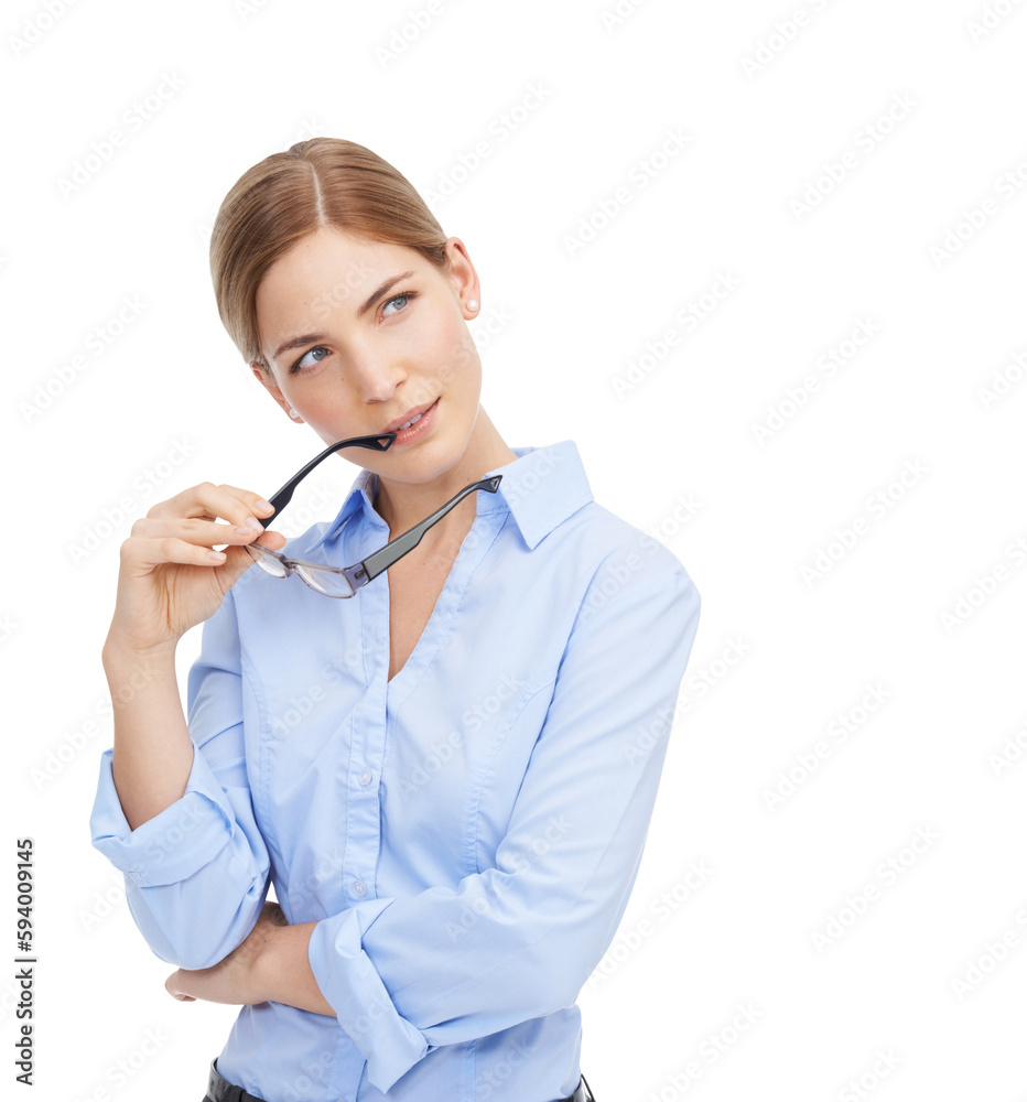 Woman, thinking and standing in thought with glasses, planning and thoughtful. Corporate, female and holding eyewear contemplating about sight, vision or idea isolated on a transparent png background Woman, thinking and standing in thought with glasses, planning and thoughtful. Corporate, female and holding eyewear contemplating about sight, vision or idea isolated on a transparent png background