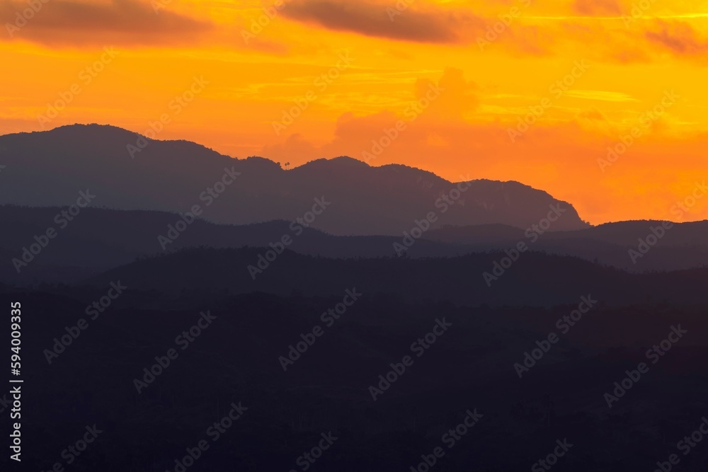 Minimal, atmospheric, landscape with a mountain, hill. 4K wallpaper at dusk, dawn