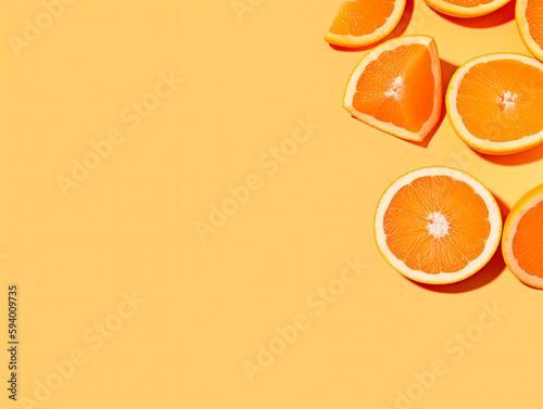 Delicious orange citrus fruit pieces on a light orange background. 