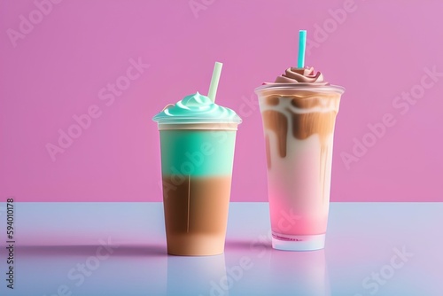 Clear plastic cup of iced coffee latte on pastel pink table over pastel blue background - generative ai 