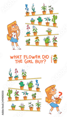 Find the differences puzzle game. What flower did the girl buy. Find hidden objects in the picture. Puzzle Hidden Items. Educational game for children. Colorful cartoon characters. Funny illustration