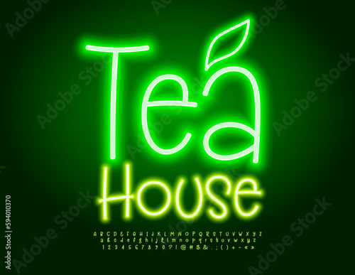 Vector neon sign Tea House with decorative Leaf. Funny Glowing Font. Modern set of Alphabet Letters, Numbers and Symbols