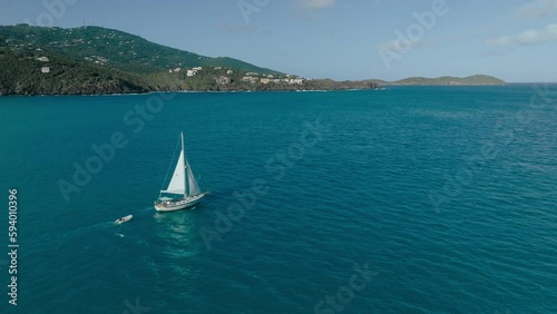 Aerial shot of a sailing boat in Magens bay, turquoise crystal clear water Virgin Islands photo