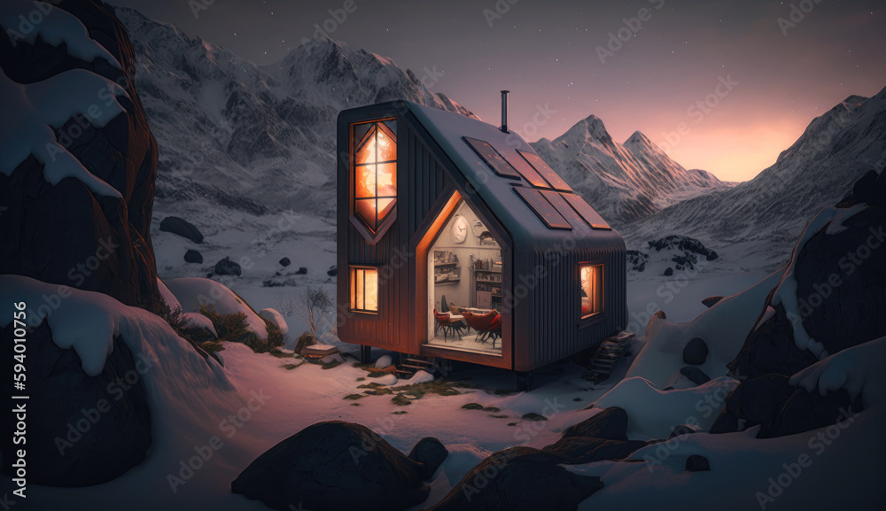tiny house in winter mountain. generative ai. - obrazy, fototapety, plakaty 