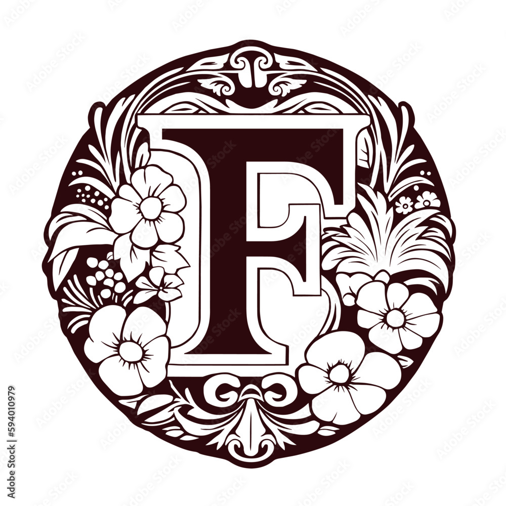 Obraz premium letter F Floral monogram. Vintage ornament initial Alphabet spiral style.
