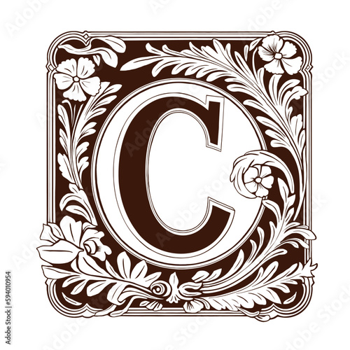 letter C Floral monogram. Vintage ornament initial Alphabet spiral style.