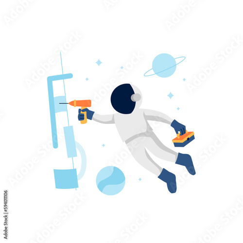 Astronaut or Cosmonaut repair satellite or spaceship with floating at space for under construction error page empty state illustration