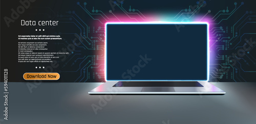 screen and a desk in a dark room with blue lighting. Technological background with a laptop. Vector illustration Metallic Laptop Mock-Up on stand and blue light placed 