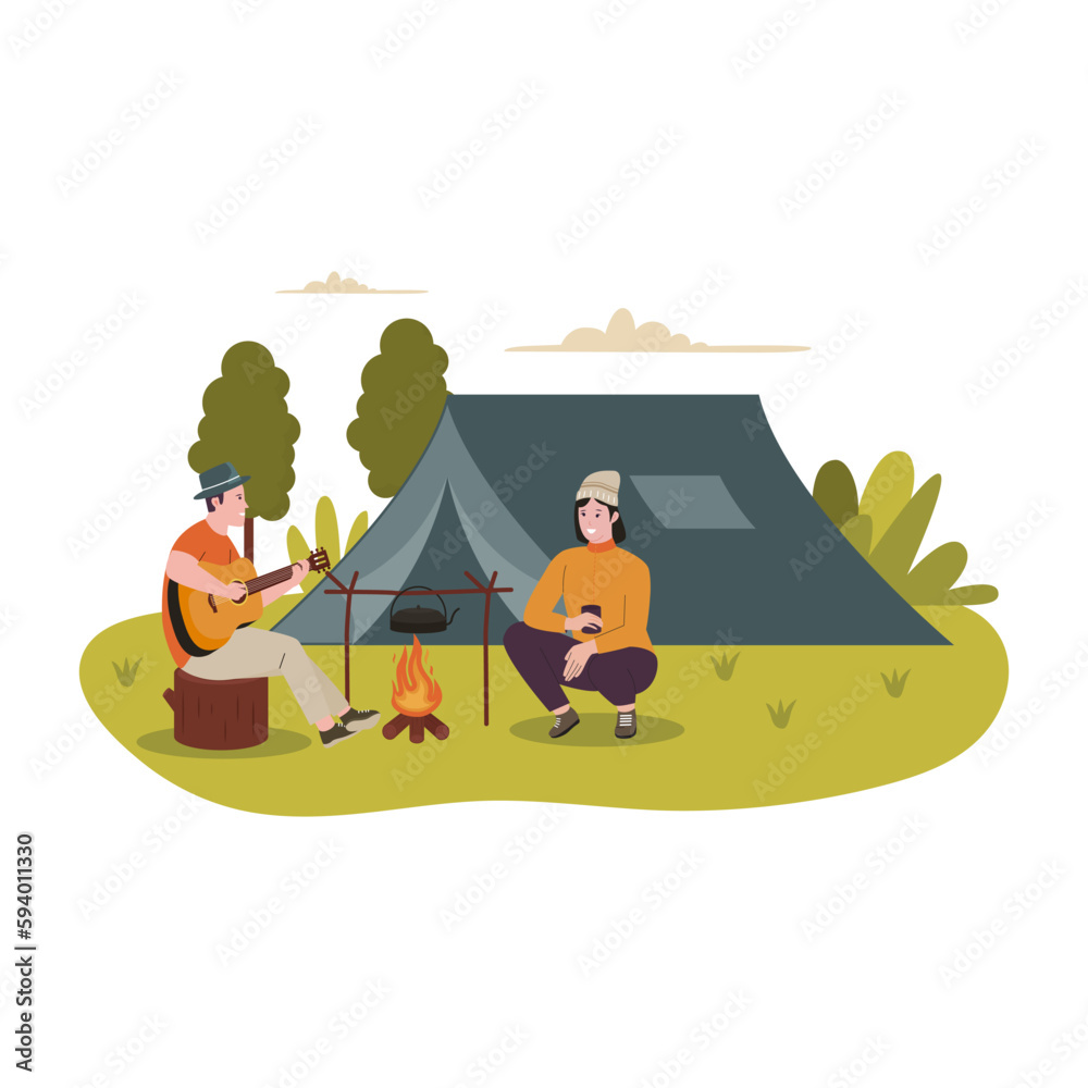 Fototapeta premium Flat design of man and woman camp outdoor. Illustration for website, landing page, mobile app, poster and banner. Trendy flat vector illustration