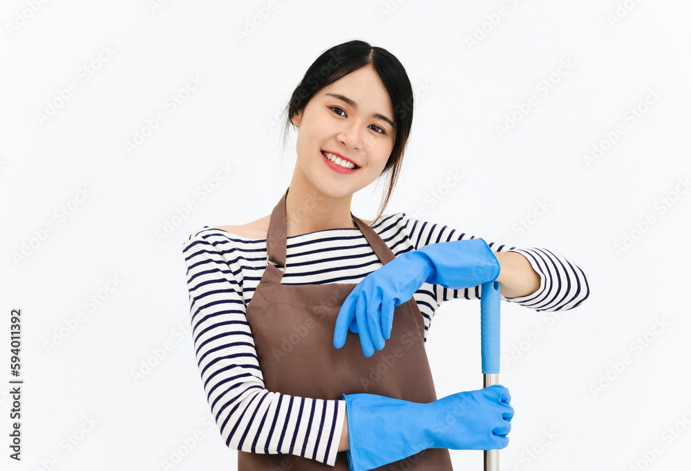 Happy asian woman in blue gloves smiling while posing with mop. portrait looking at camera . isolated on white background. Happy asian woman in blue gloves smiling while posing with mop. portrait looking at camera . isolated on white background.