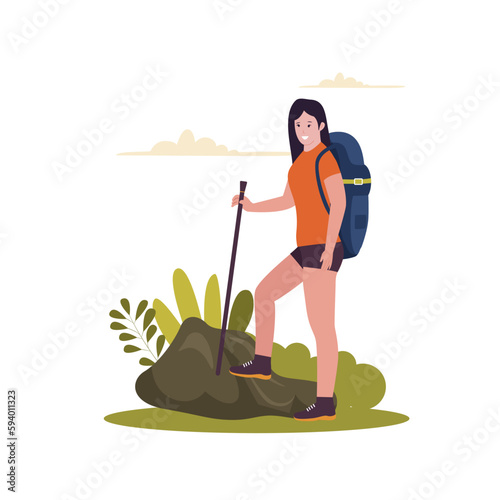 Woman hiking concept design. Illustration for website, landing page, mobile app, poster and banner. Trendy flat vector illustration