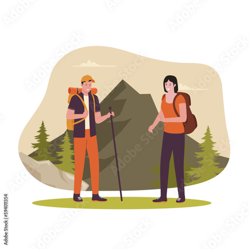 Hiking and trekking hiker illustration design concept. Illustration for website, landing page, mobile app, poster and banner. Trendy flat vector illustration