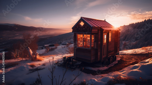 tiny house in winter mountain. generative ai. © jozefklopacka