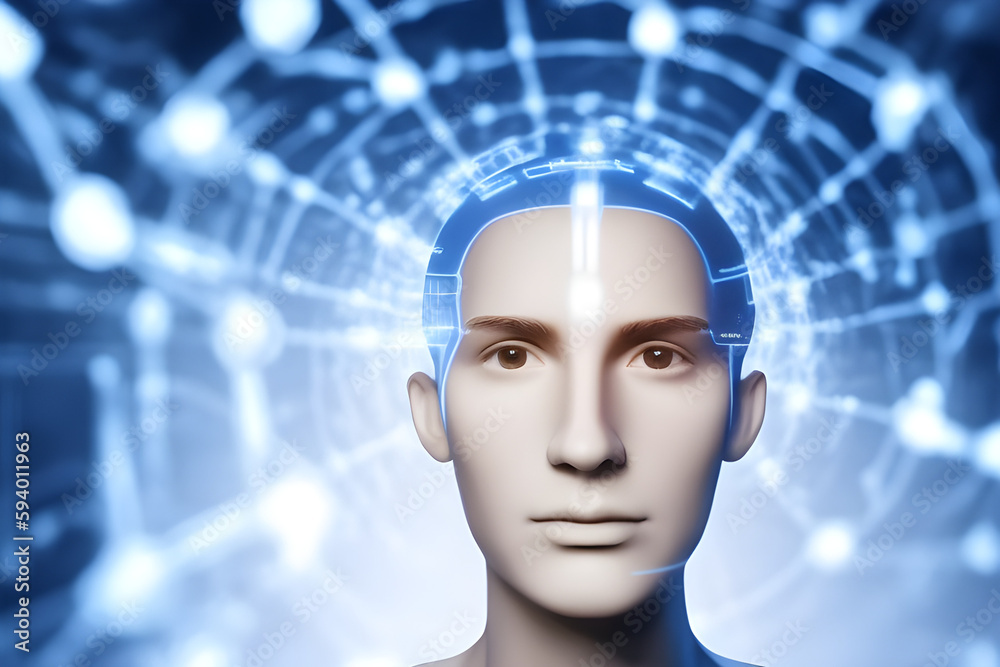 Human male face with abstract web texture. artificial intelligence concept. The face of a young man. Total control, limitations, loss of self, computer technology in everyday life. generative AI Human male face with abstract web texture. artificial intelligence concept. The face of a young man. Total control, limitations, loss of self, computer technology in everyday life. generative AI