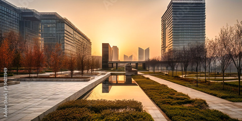 large office and park building and garden at sunset