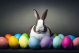 Rabbit and easter eggs on grey background. Easter holiday concept