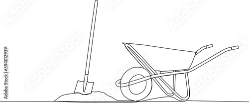 continuous single line drawing of shovel in pile of dirt and wheelbarrow, line art vector illustration