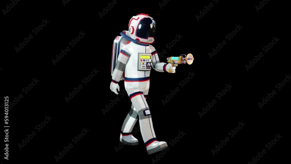 3D astronaut in spacesuit walking with blaster - looped animation with alpha channel 3D astronaut in spacesuit walking with blaster - looped animation with alpha channel