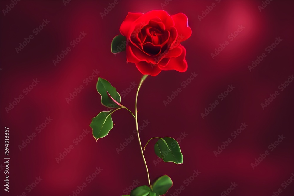 Fototapeta premium Red Rose infron of an red background with green leafs.