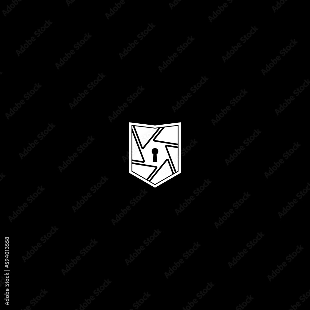 Security Camera with Shield icon isolated on dark background Security Camera with Shield icon isolated on dark background