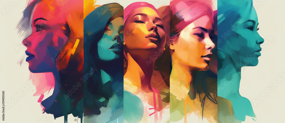 Obraz premium 笑顔で笑う複数の女性の水彩画,Generative AI