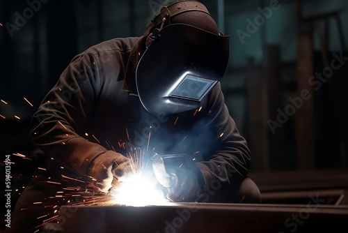Ein Metallarbeiter schweißt in einer Industriehalle, Schweißen von Metall
